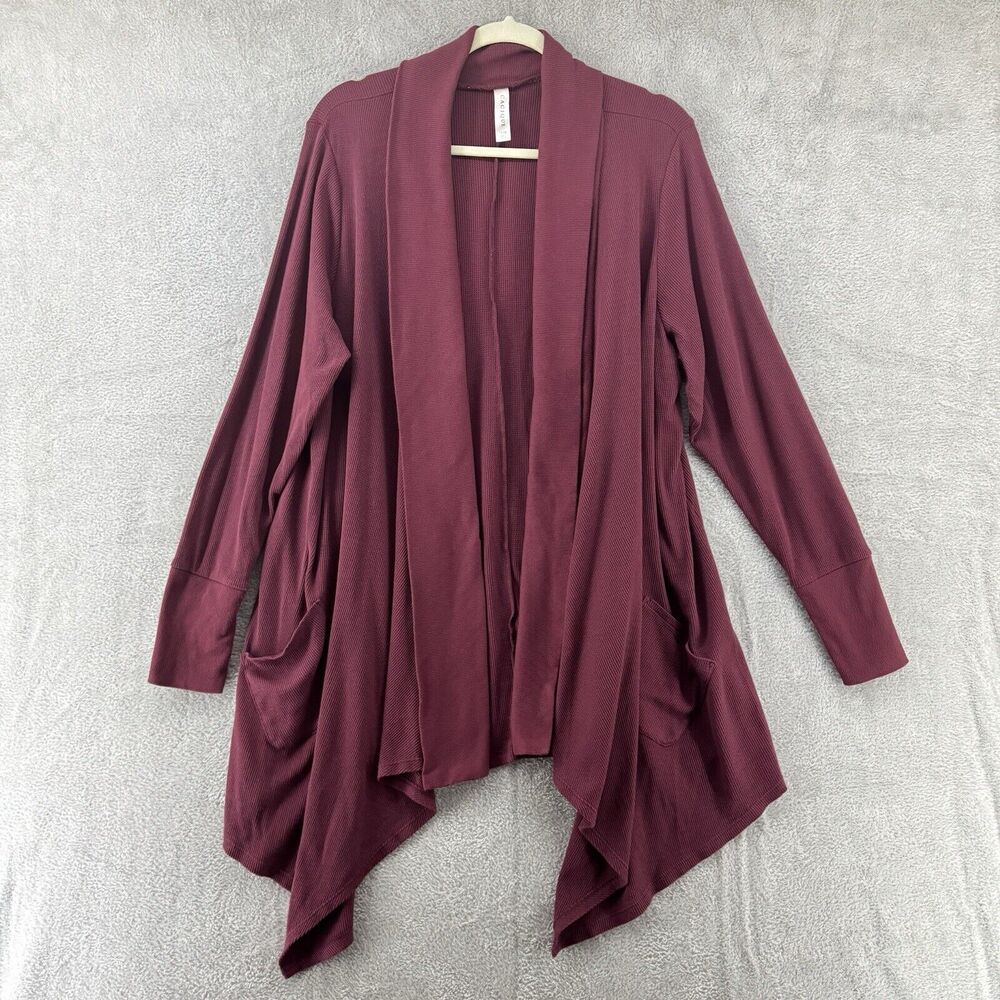CACIQUE Sweater Women 14/16 Burgundy Rig Knit Open Front Cascade Cardigan Pocket